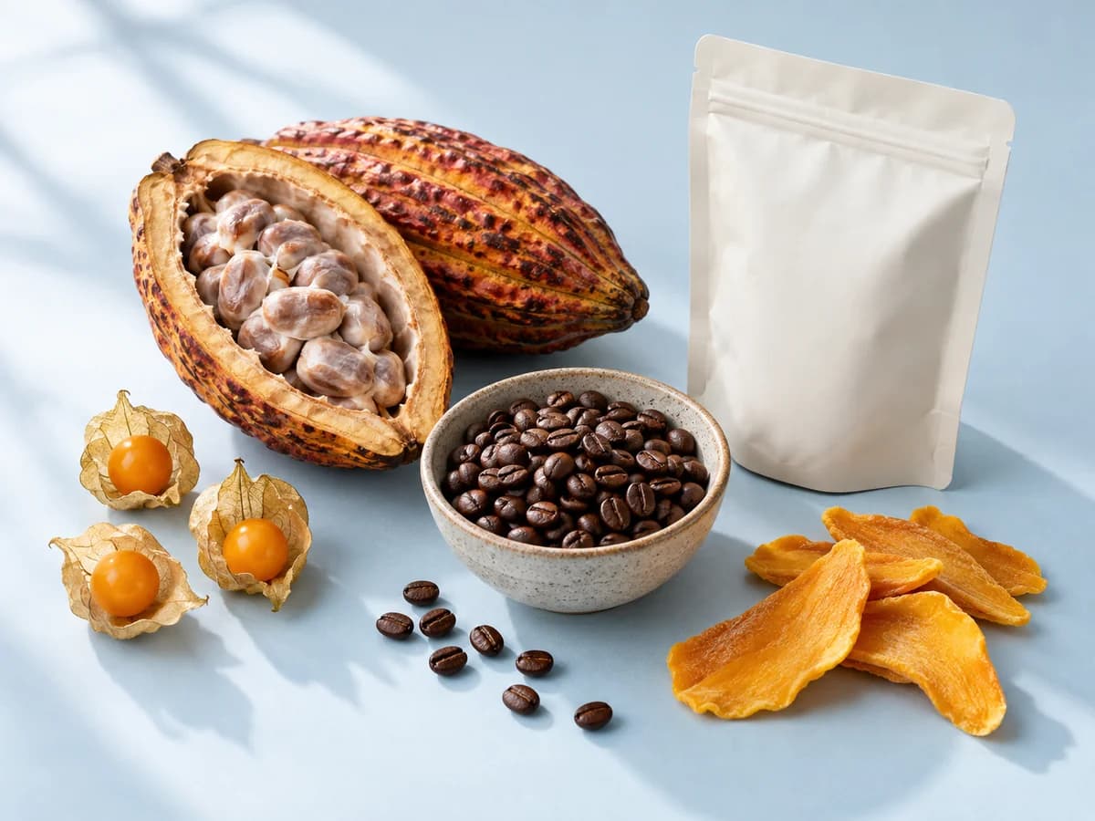 Composición ilustrativa de café, cacao y frutas para exportación